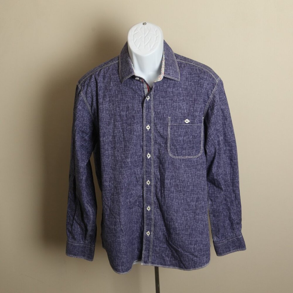 BUGATCHI Men's blue marled w/ contracting flip cuff shirt l/s Large L EUC